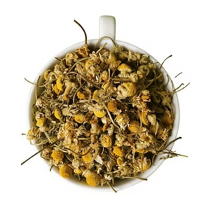 Medhavi Superfoods chamomile herbal tea in a glass jar with natural dried flowers