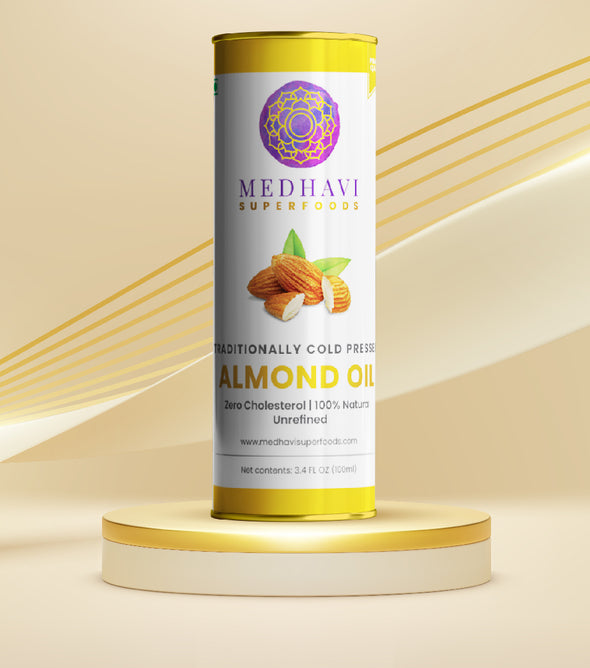 Medhavi SuperFoods Wood Cold Pressed Almond Oil – 100% Pure & Natural, Artisanal Wood Pressed Oil | Sulphur Free| Nourishment for Skin, Hair, and Cooking