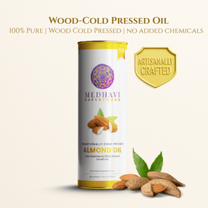 Medhavi SuperFoods Wood Cold Pressed Almond Oil – 100% Pure & Natural, Artisanal Wood Pressed Oil | Sulphur Free| Nourishment for Skin, Hair, and Cooking