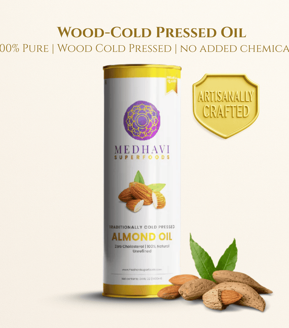 Medhavi SuperFoods Wood Cold Pressed Almond Oil – 100% Pure & Natural, Artisanal Wood Pressed Oil | Sulphur Free| Nourishment for Skin, Hair, and Cooking