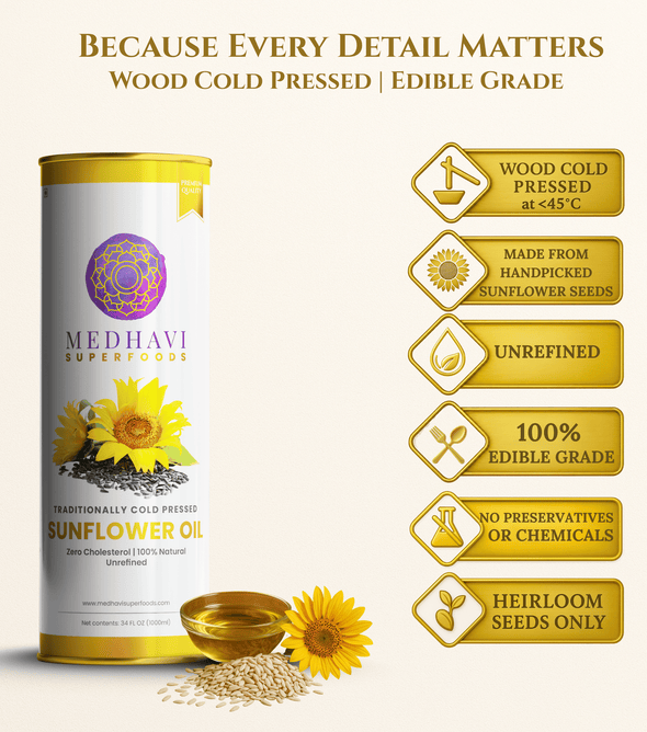 Buy Medhavi SuperFoods (500 ml) Wood Cold Pressed Sunflower Oil - 100% Pure & Unrefined | Healthy Cooking, Naturally