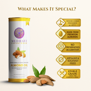 Medhavi SuperFoods Wood Cold Pressed Almond Oil – 100% Pure & Natural, Artisanal Wood Pressed Oil | Sulphur Free| Nourishment for Skin, Hair, and Cooking