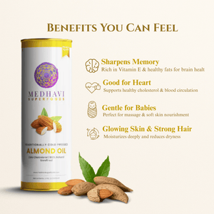 Medhavi SuperFoods Wood Cold Pressed Almond Oil – 100% Pure & Natural, Artisanal Wood Pressed Oil | Sulphur Free| Nourishment for Skin, Hair, and Cooking