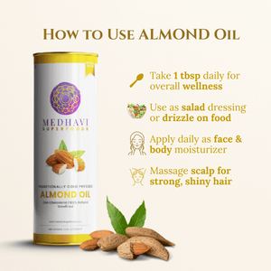 Medhavi SuperFoods Wood Cold Pressed Almond Oil – 100% Pure & Natural, Artisanal Wood Pressed Oil | Sulphur Free| Nourishment for Skin, Hair, and Cooking