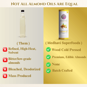 Medhavi SuperFoods Wood Cold Pressed Almond Oil – 100% Pure & Natural, Artisanal Wood Pressed Oil | Sulphur Free| Nourishment for Skin, Hair, and Cooking