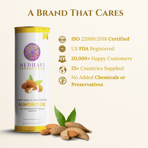 Medhavi SuperFoods Wood Cold Pressed Almond Oil – 100% Pure & Natural, Artisanal Wood Pressed Oil | Sulphur Free| Nourishment for Skin, Hair, and Cooking