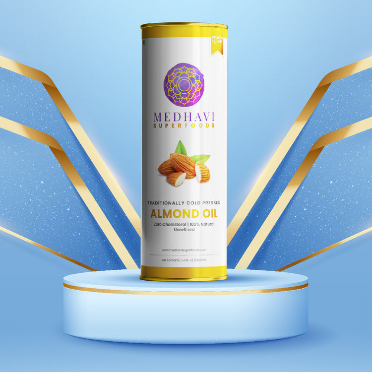 Medhavi SuperFoods Wood Cold Pressed Almond Oil – 100% Pure & Natural, Artisanal Wood Pressed Oil | Sulphur Free| Nourishment for Skin, Hair, and Cooking