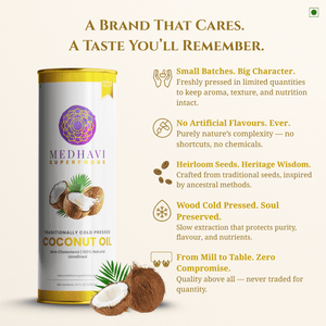 Medhavi SuperFoods Wood Cold Pressed Coconut Oil – 100% Pure & Natural, Artisanal Wood Pressed Oil | Sulphur Free| Nourishment for Skin, Hair, and Cooking