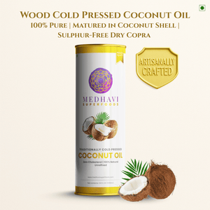 Medhavi SuperFoods Wood Cold Pressed Coconut Oil – 100% Pure & Natural, Artisanal Wood Pressed Oil | Sulphur Free| Nourishment for Skin, Hair, and Cooking