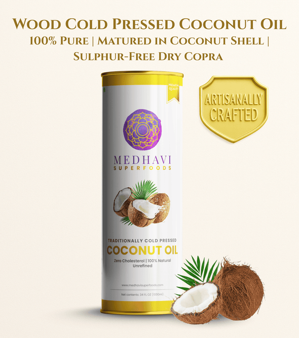 Medhavi SuperFoods Wood Cold Pressed Coconut Oil – 100% Pure & Natural, Artisanal Wood Pressed Oil | Sulphur Free| Nourishment for Skin, Hair, and Cooking