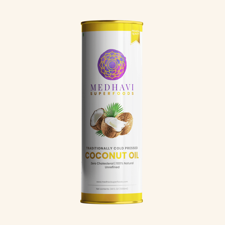 Medhavi SuperFoods Wood Cold Pressed Coconut Oil – 100% Pure & Natural, Artisanal Wood Pressed Oil | Sulphur Free| Nourishment for Skin, Hair, and Cooking