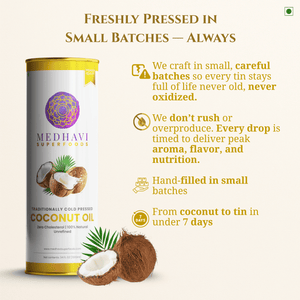 Medhavi SuperFoods Wood Cold Pressed Coconut Oil – 100% Pure & Natural, Artisanal Wood Pressed Oil | Sulphur Free| Nourishment for Skin, Hair, and Cooking