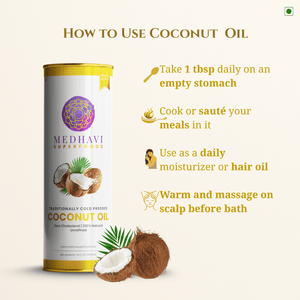 Medhavi SuperFoods Wood Cold Pressed Coconut Oil – 100% Pure & Natural, Artisanal Wood Pressed Oil | Sulphur Free| Nourishment for Skin, Hair, and Cooking