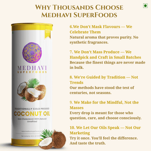 Medhavi SuperFoods Wood Cold Pressed Coconut Oil – 100% Pure & Natural, Artisanal Wood Pressed Oil | Sulphur Free| Nourishment for Skin, Hair, and Cooking
