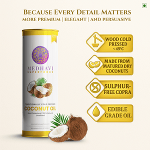 Medhavi SuperFoods Wood Cold Pressed Coconut Oil – 100% Pure & Natural, Artisanal Wood Pressed Oil | Sulphur Free| Nourishment for Skin, Hair, and Cooking